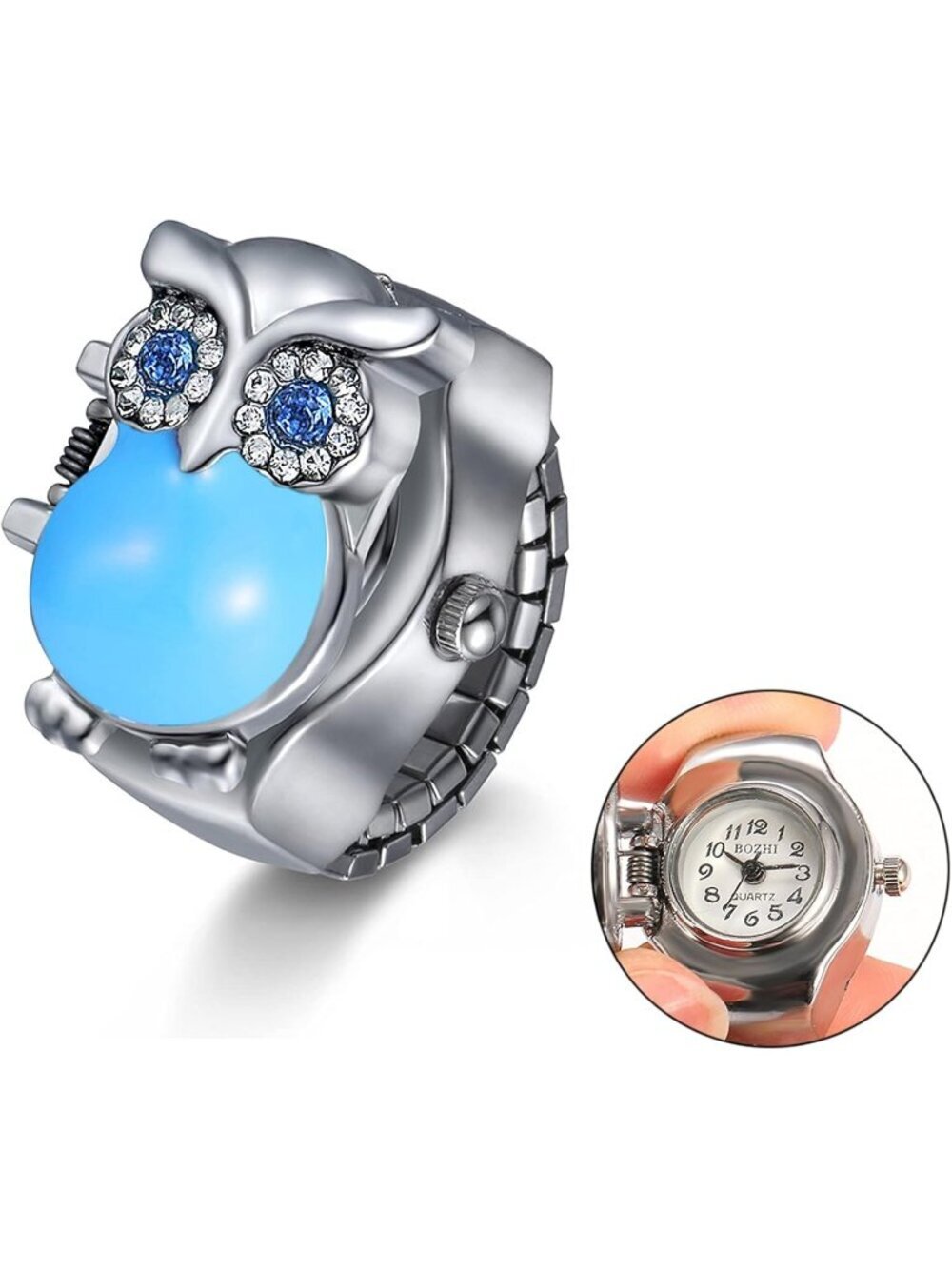 Unisex Blue Analog Quartz Stylish Owl Flip-Open Cover Adjustable Ring Watch - Picture 2 of 7
